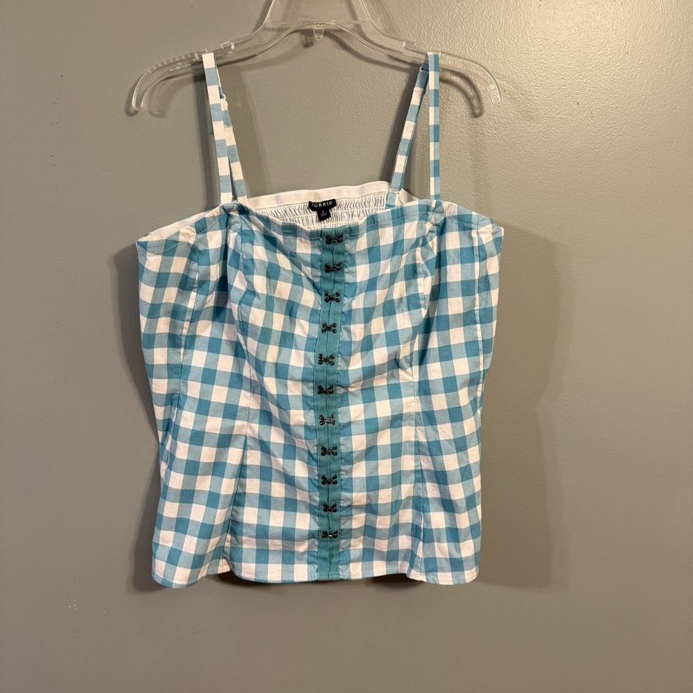 Torrid Fit And Flare Button Up Strapless Crop Top Turquoise Gingham 4X NWOT